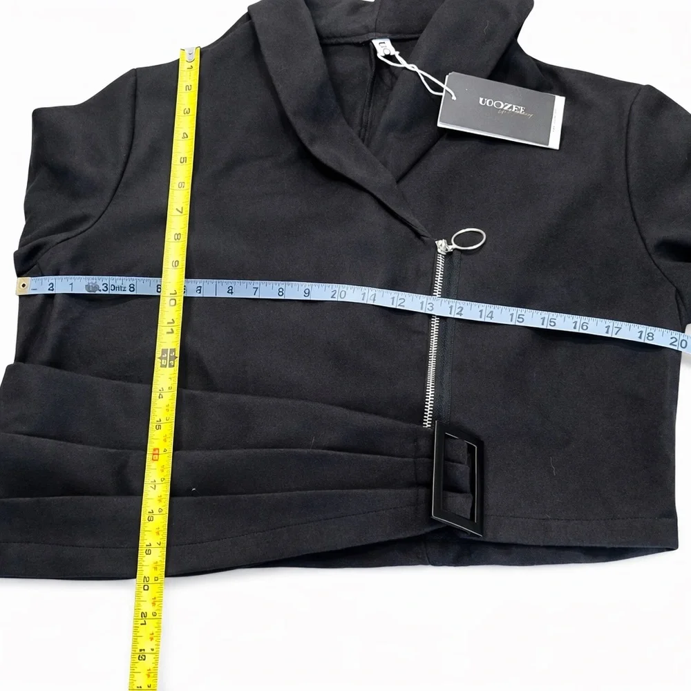 Uoozee. Black Asymmetrical Zip Moto Blazer Jacket Belted NWT. Sz XL - Picture 9 of 13